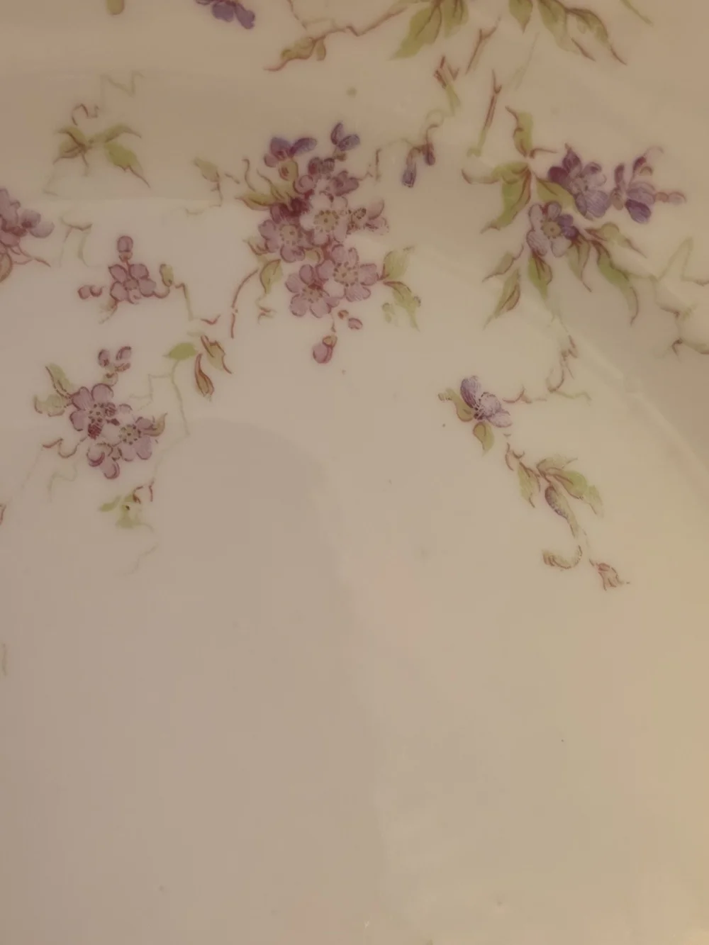 White Ceramic Serving Platters with Lavender Floral Pattern and Gold Trim